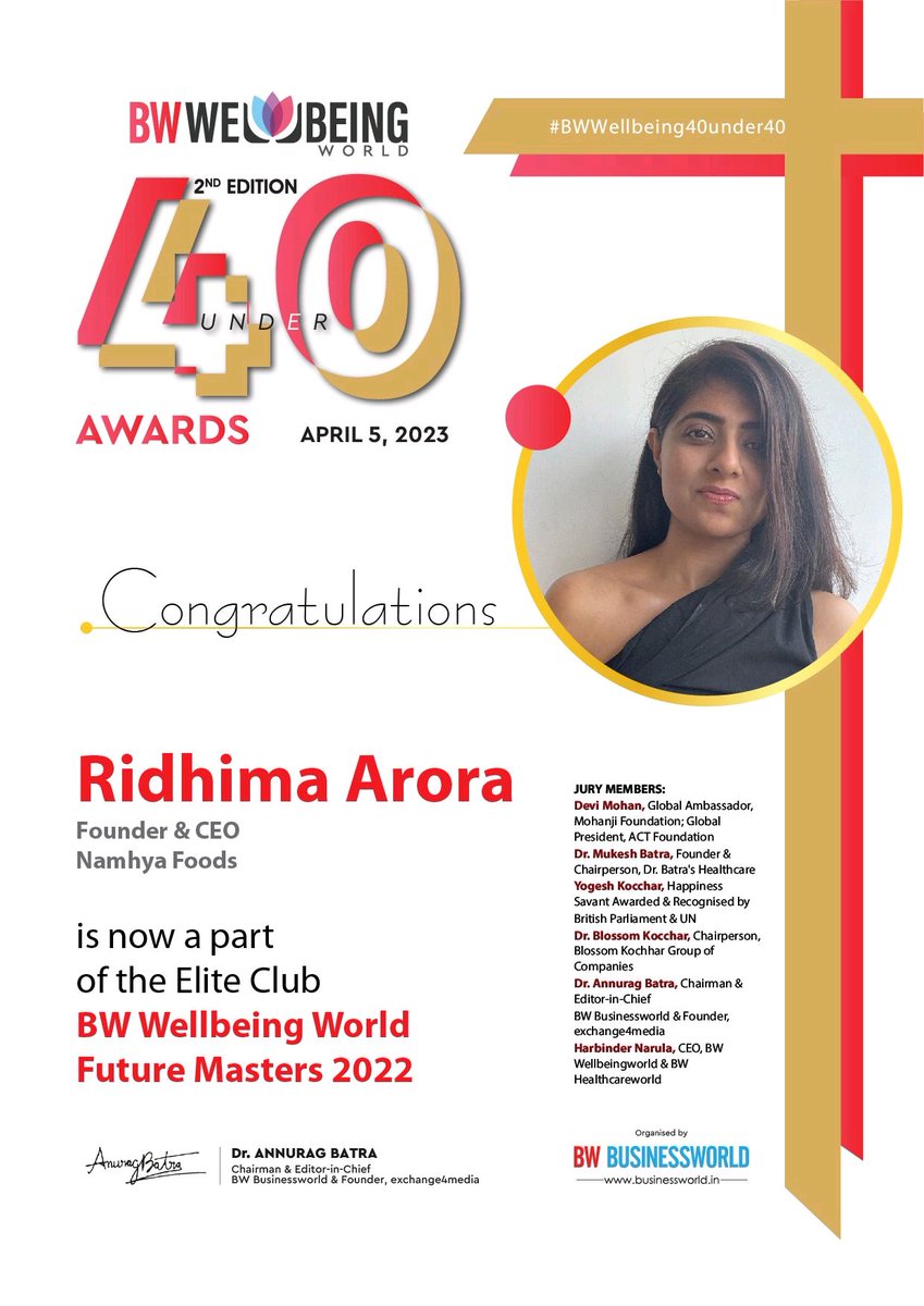 BWBusinessworld's tweet photo. Congratulations Ridhima Arora , Founder &amp; CEO, @Namhyafoods on joining the Elite Club of BW Wellbeing World Future Masters 2022. #BWWellbeing40under40 

Award Coverage: https://t.co/GJkIUEqUvy…

#wellness #selfcare #mentalhealth #mindfulness #healthy #Wellbeing https://t.co/tndp55wNam