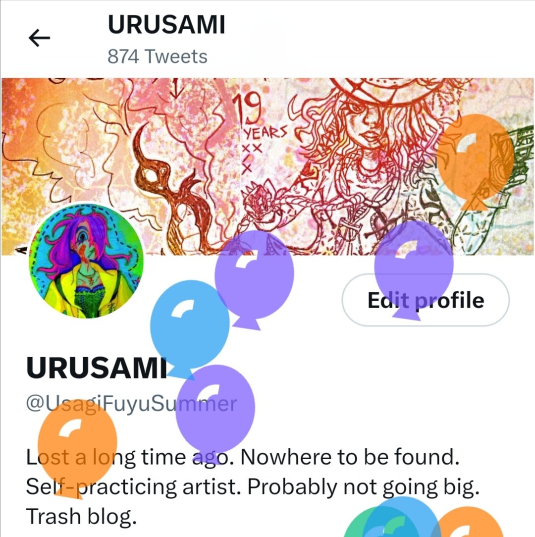 UsagiFuyuSummer's tweet photo. Woah, colorful balloons! Cool effect honestly.
Here's another old piece. I have a lot of unposted art it seems.
#usagifuyusummer #usagifuyusummerart2023 #art #coloredart #infinitepainter #usagifuyusummerart #oldart #digitalart #digitalaesthetics #twitter #cooleffects https://t.co/ae4M7Q9FLX
