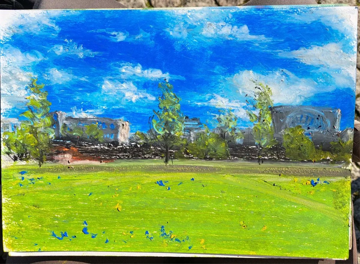 A quick painting of half-imaginary Berlin landscape (the grass is not there) #Berlin #waschingtonplatz #hauptbahnhof #Germany #berlincube #foodfactory #landscapepainting #oilpastel #pastels #landscape #painting #paintingout