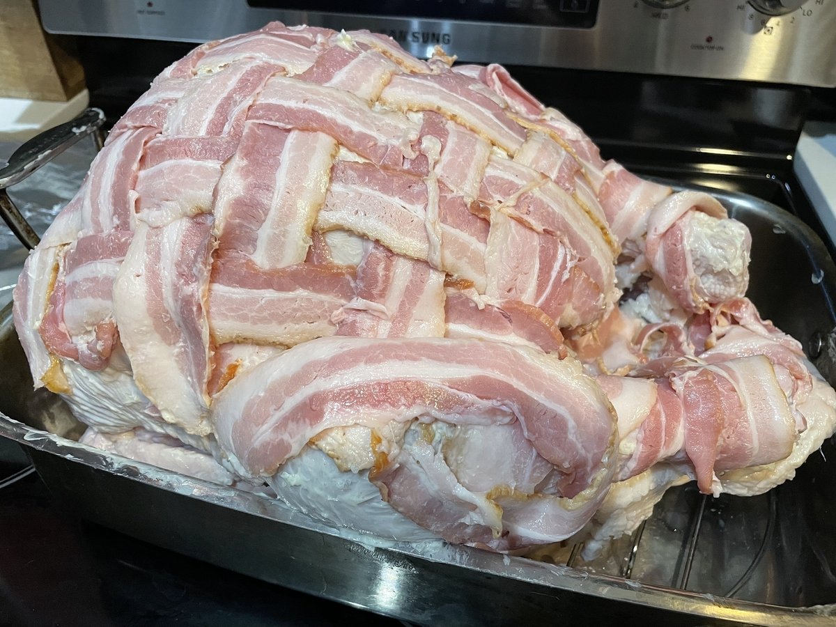 Family togetherness is a bacon-wrapped turkey.