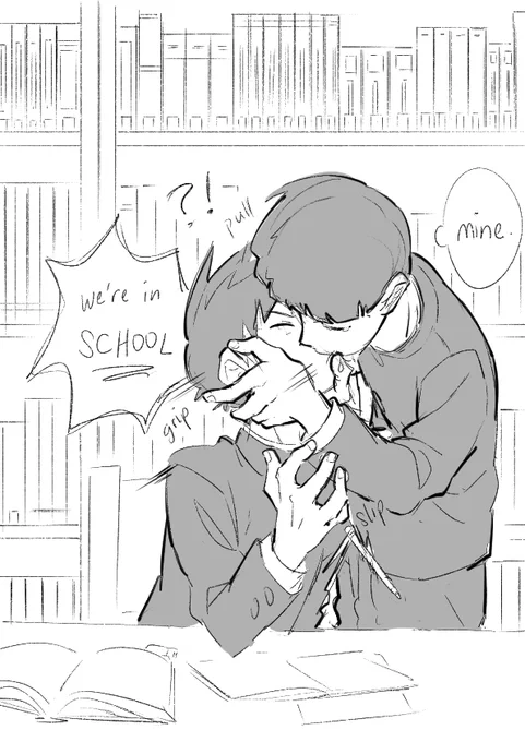 Mob kisses Ritsu in the school library 