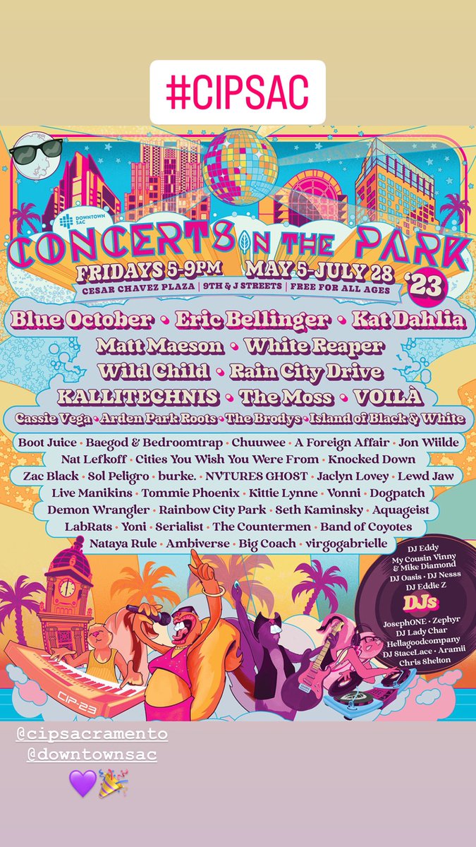 <a href="/CIPSacramento/">Concerts In The Park</a> is back! Wooo! Come join us <a href="/DowntownSac/">Downtown Sacramento Partnership</a>  #CIPSAC #downtownsac 💜🎉☺️