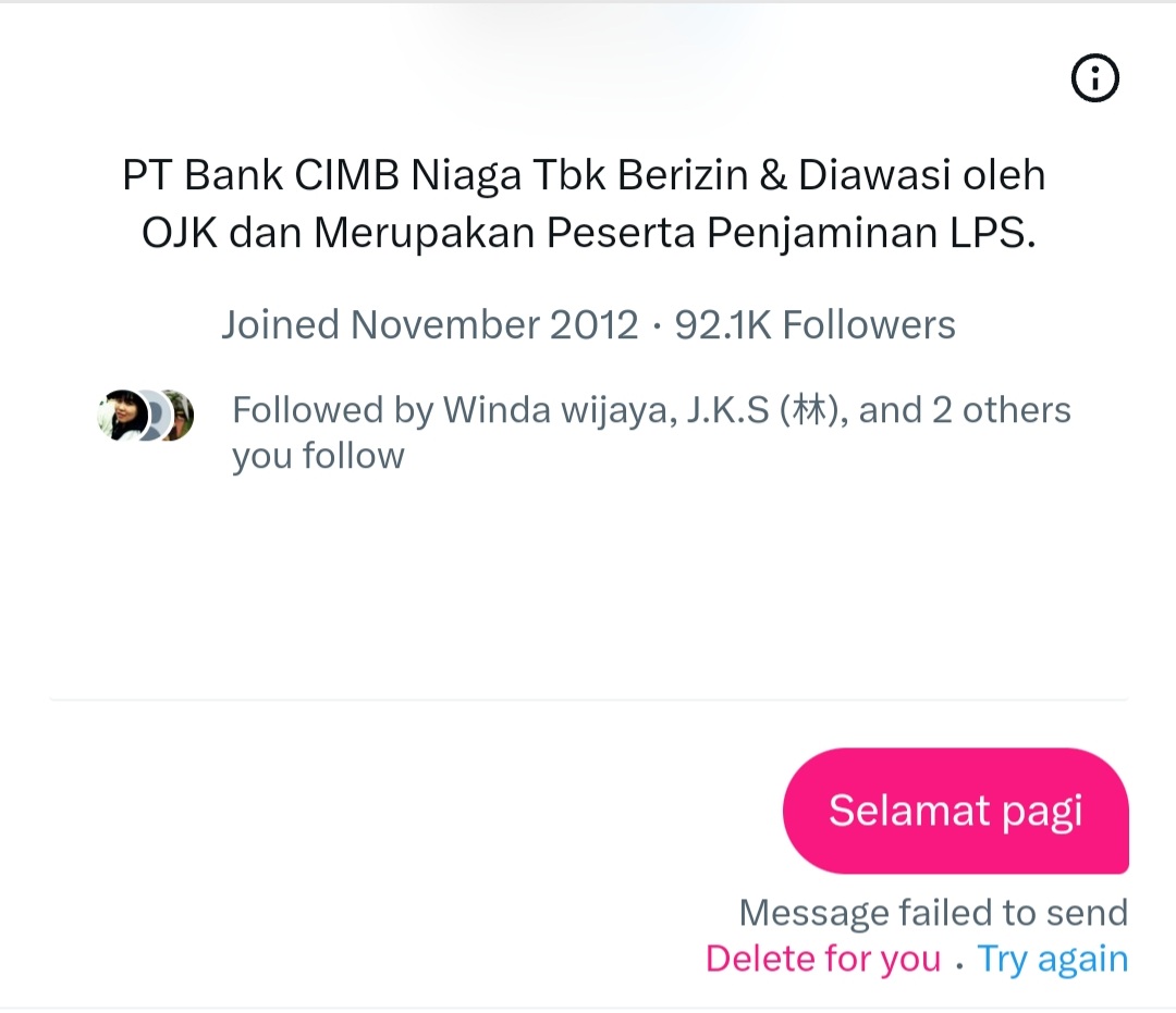 johanzuh's tweet photo. @CIMBNiaga Saya mau kirim messages selalu gagal kak https://t.co/veF620fkKF
