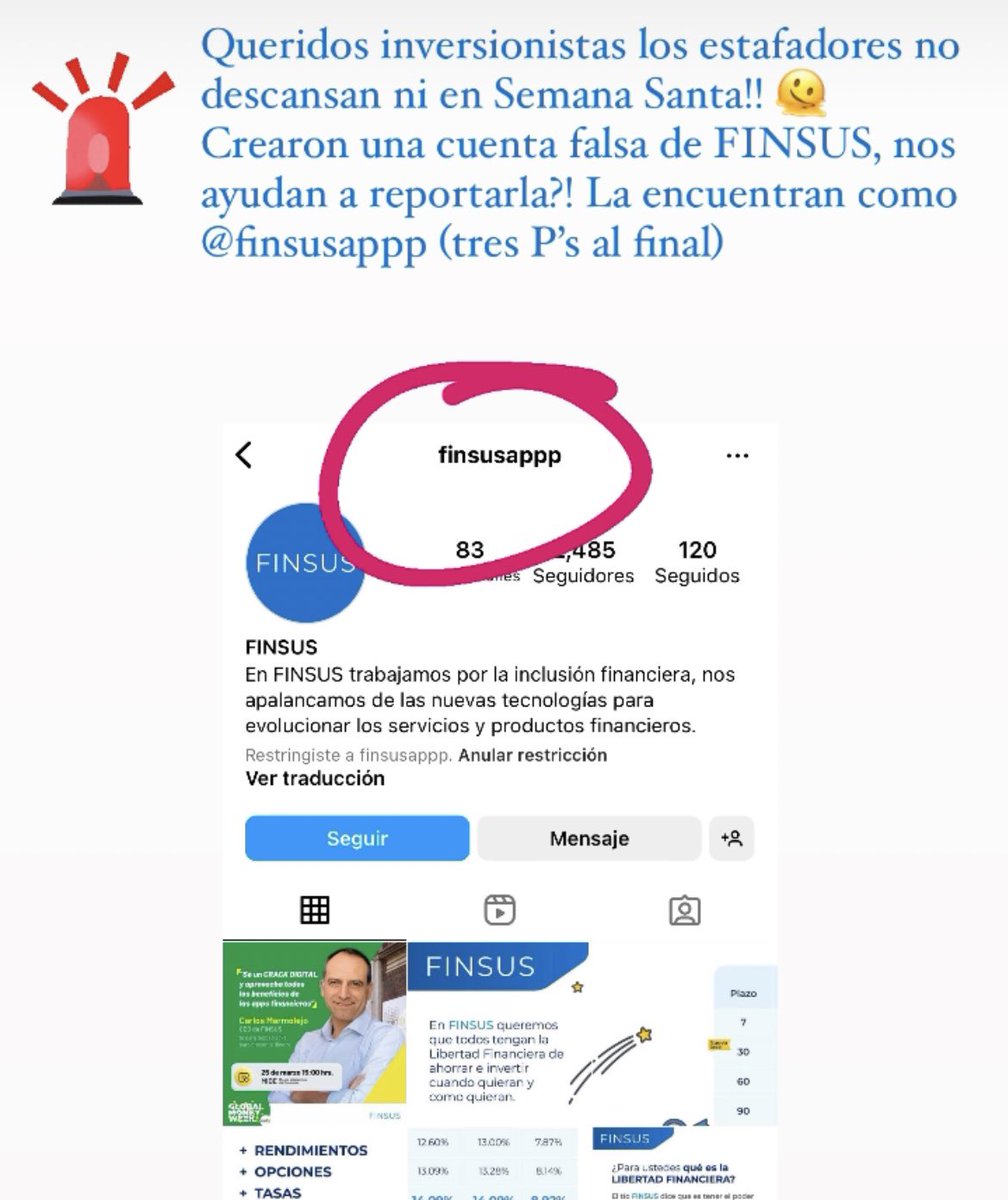 ⚠️Tengan cuidado queridos inversionistas⚠️ hay una cuenta falsa de FINSUS en Instagram que está intentando hacer fraude. RECUERDEN nosotros no les pedimos adelantos de dinero y nuestras inversiones son a través de la app. No se dejen engañar!!