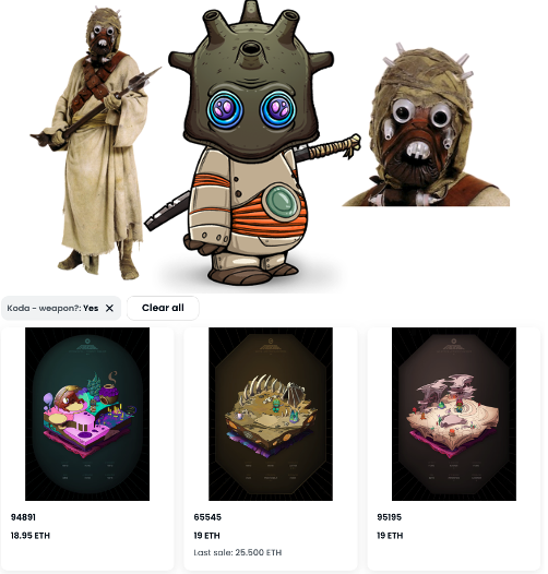 Just listed this Tusken Raider Koda on the Weapon Koda floor -- paring the collection down to 1 koda, 1 mayc, 1 bakc, a few less deeds, so I can finally add a bayc to the mix <a href="/Mortpoker/">Morten ⏳</a> <a href="/TheeHustleHouse/">BaronVonHustle 🍌</a> <a href="/BoredApeYC/">Bored Ape Yacht Club 🍌</a> <a href="/starwars/">Star Wars</a>