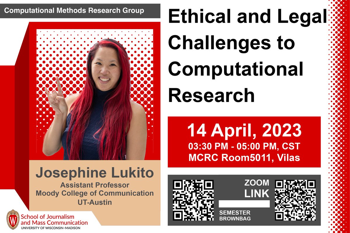Zening_Duan's tweet image. Moving to #CMRG’s 6th computational brownbag- please join us next FRIDAY April 14th at 3:30 pm CST to hear our very own @JosephineLukito Prof. Josephine Lukito (@UTexasMoody ) speak on "Ethical and Legal Challenges to Computational Research" Zoom link in the reply thread 🧵
