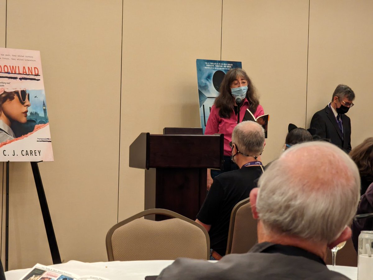 BritCon chair Dawn Shaw reading from Tade Thompson's The Legacy of Molly Southbourne at the Philip K Dick Awards at #NWC45.