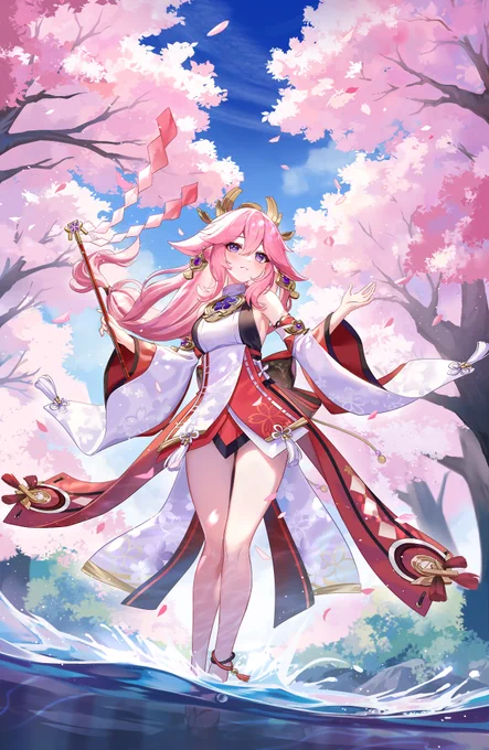 #原神 #八重神子 桜にて花見をせんと欲すならば、妾と共に参らんか～桜と狐を描きましたー 