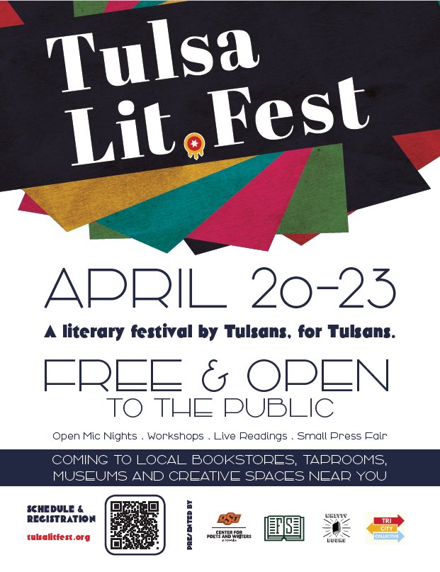 AfricanaOkstate's tweet image. Join us for the Tulsa Literary Festival from April 20-23, by scanning the QR code for more information on the schedule and registration. This year’s festival is free and open to the public and includes open mic nights, workshops, live readings, and a small press fair.