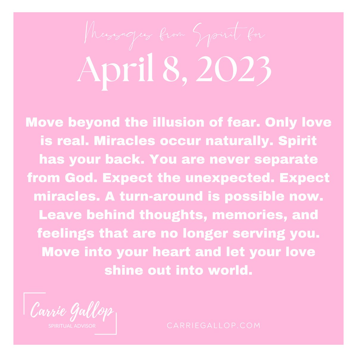 Messages From Spirit for April 8, 2023 ✨

#Daily #Guidance #Message #MessagesFromSpirit #April8 #Apr8 #MoveBeyond #Fear #Illusions #OnlyLove #Real #Miracles #Naturally #SpiritHasYourBack #YouAreNeverSeparate #ExpectTheUnexpected #ExpectMiracles #TurnAround #LeaveBehind #LetGo