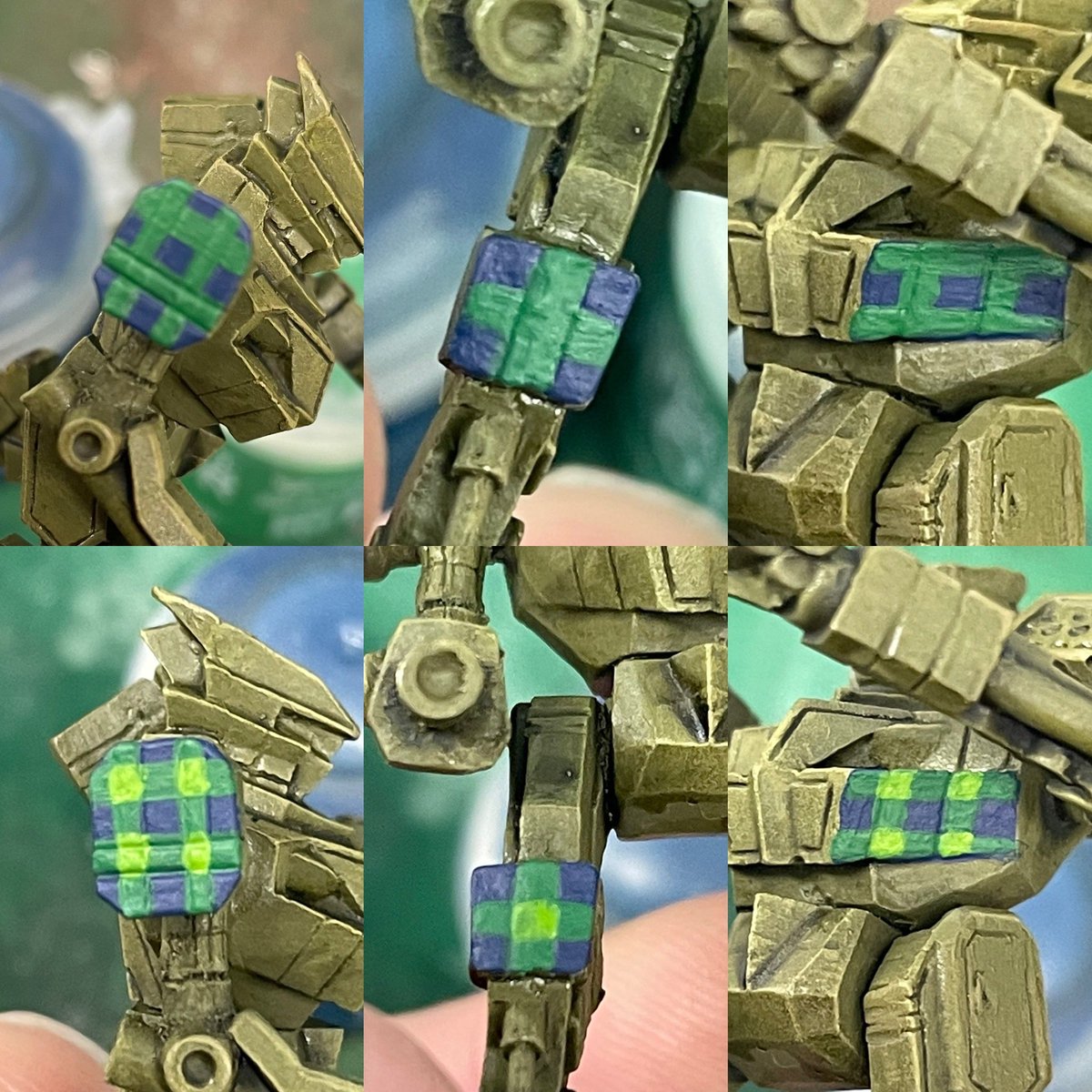 KierdaleModels's tweet photo. 4-step tartan for my SLDF Black Watch.
1. Warpstone Glow on Kantor Blue.
2. Moot Green at the junctions.
3. Black stripes down the middle of the Warpstone.
4. Nuln Oil down the sides of the Warpstone.
😓up close but 👍on the table.
#battletech #バトルテック #sldf #sldfblackwatch https://t.co/DZFkkYavLw