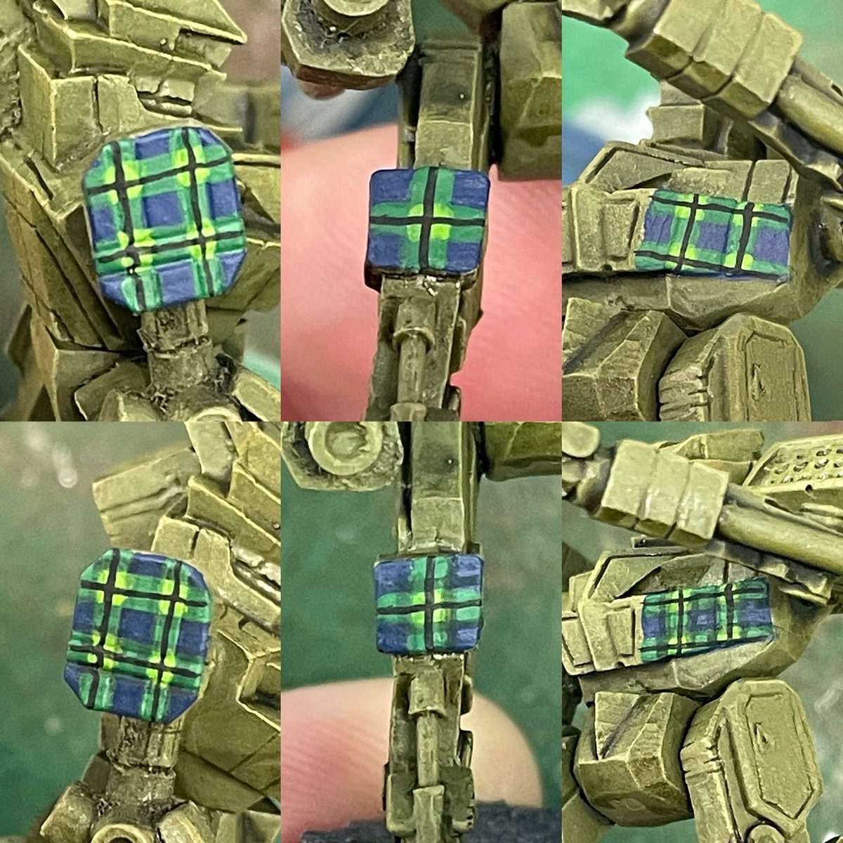 KierdaleModels's tweet photo. 4-step tartan for my SLDF Black Watch.
1. Warpstone Glow on Kantor Blue.
2. Moot Green at the junctions.
3. Black stripes down the middle of the Warpstone.
4. Nuln Oil down the sides of the Warpstone.
😓up close but 👍on the table.
#battletech #バトルテック #sldf #sldfblackwatch https://t.co/DZFkkYavLw