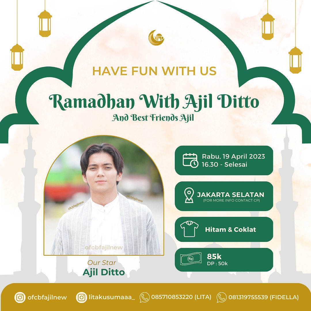 ‼️ LIMITED SLOT ‼️

Pendaftaran : 
bit.ly/RamadhanWithAj…

Contact Person:
Instagram : @litakusumaaa_
WhatsApp : 
- 085710853220 (Lita)
- 081319755539 (Fidella)

Let's Join Guysss!!
Nanti bisa buka puasa sambil seru-seruan bareng Ajil &amp; BFA lhoooo! See u there ❤️