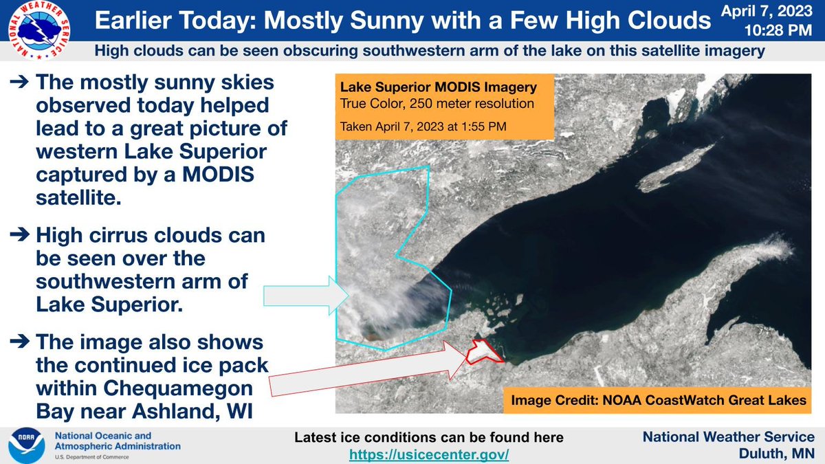 NWSduluth's tweet photo. Earlier today - Mostly sunny conditions helped lead to a great satellite image that shows some high cirrus clouds and parts of the remaining ice coverage over western Lake Superior. Check out https://t.co/smSm9LZxwJ for the latest ice conditions for the Great Lakes. #MNwx #WIwix https://t.co/sR3mLSFKcv
