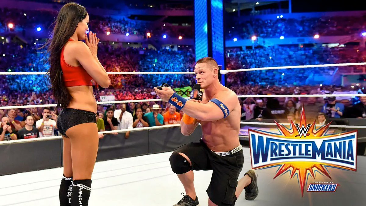#WWE's John Cena pops the question to Nikki Bella #MixedTag at #WrestleMania https://t.co/klZKhqSXDj https://t.co/a6QJehFyIL