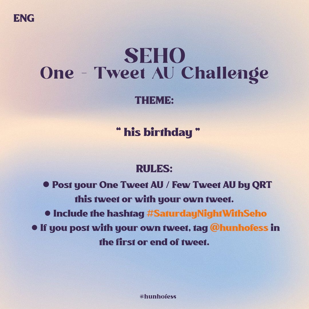 hunhofess's tweet photo. 𝐒𝐞𝐡𝐨 𝐎𝐧𝐞-𝐓𝐰𝐞𝐞𝐭 𝐀𝐔 𝐂𝐡𝐚𝐥𝐥𝐞𝐧𝐠𝐞 
📌Start post at 20.00 WIB / 22.00 KST  #SaturdayNightWithSeho https://t.co/79wTBTXtmK