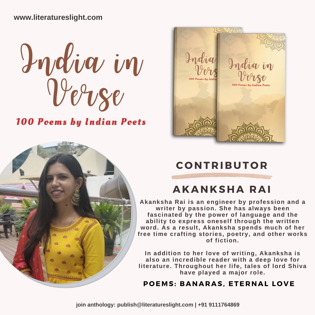 literaturelight's tweet photo. #literatureslight #poetryanthology #IndiainVerse
Let's give a warm welcome to #Author Akanksha Rai, the newest addition to our upcoming poetry anthology!
#IndianPoetry #PoetryAnthology #Congratulations #NewAddition #PoetsOfInstagram #WritingCommunity https://t.co/GEh9zPUMho