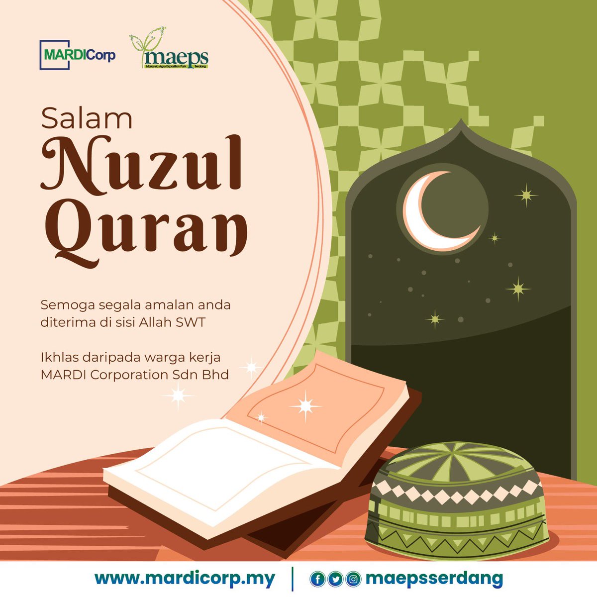 Salam Nuzul Quran 1444H , ikhlas dari seluruh warga kerja MARDI Corporation Sdn Bhd ❤️.

Peristiwa Nuzul Al-Quran merupakan peristiwa turunnya ayat al-Qur'an yang pertama kepada Nabi Muhammad s.a.w. pada 17 Ramadhan.

#maepsserdang #maeps #betterMARDI