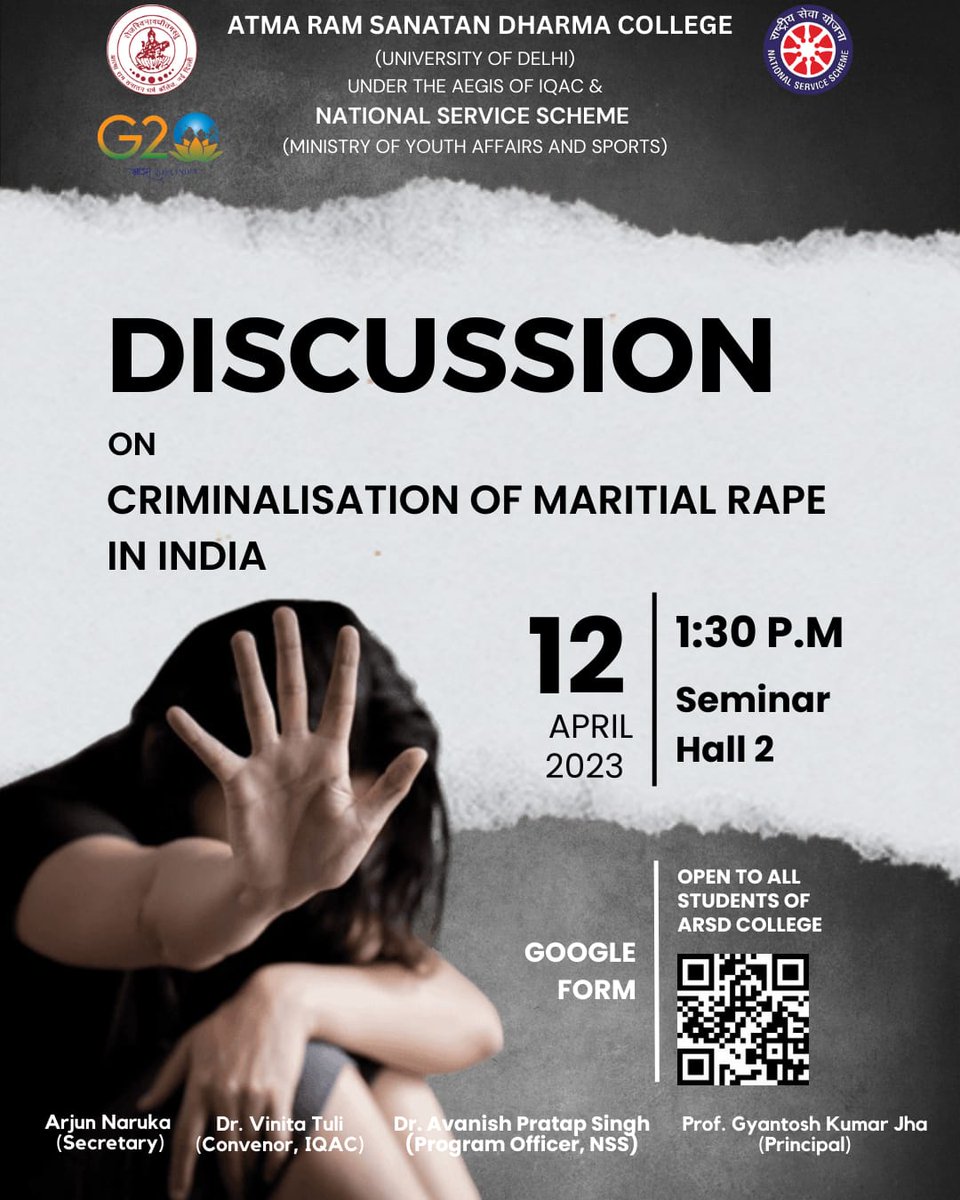 ArsdNss's tweet photo. NSS ARSD cordially invites you all to an amazing discussion on “DISCRIMINATION OF MARITAL RAPE IN INDIA" 
Open to ALL ARSD students!
Scan the QR Code to register or click the link in the bio. So everyone please mark your calendars and join us in this important discussion. https://t.co/enyBEh6pyp