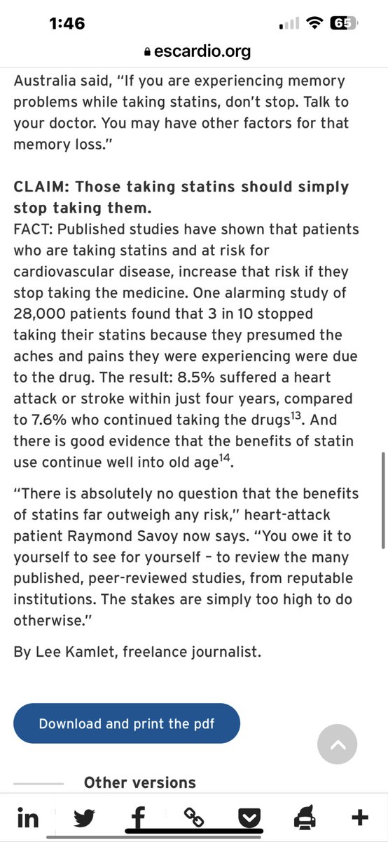 Pleaseexplain14's tweet photo. @DeanKamlet 
Is this your article ?
You think that 91.5 % of people that stopped taking statins and didn’t have a stroke or heart attack over the next 4 years, compared to 92.4% that continued with statins is special ?  That’s 0.9% of a difference. So 99.1% received no benefit https://t.co/DnocdLWyGi