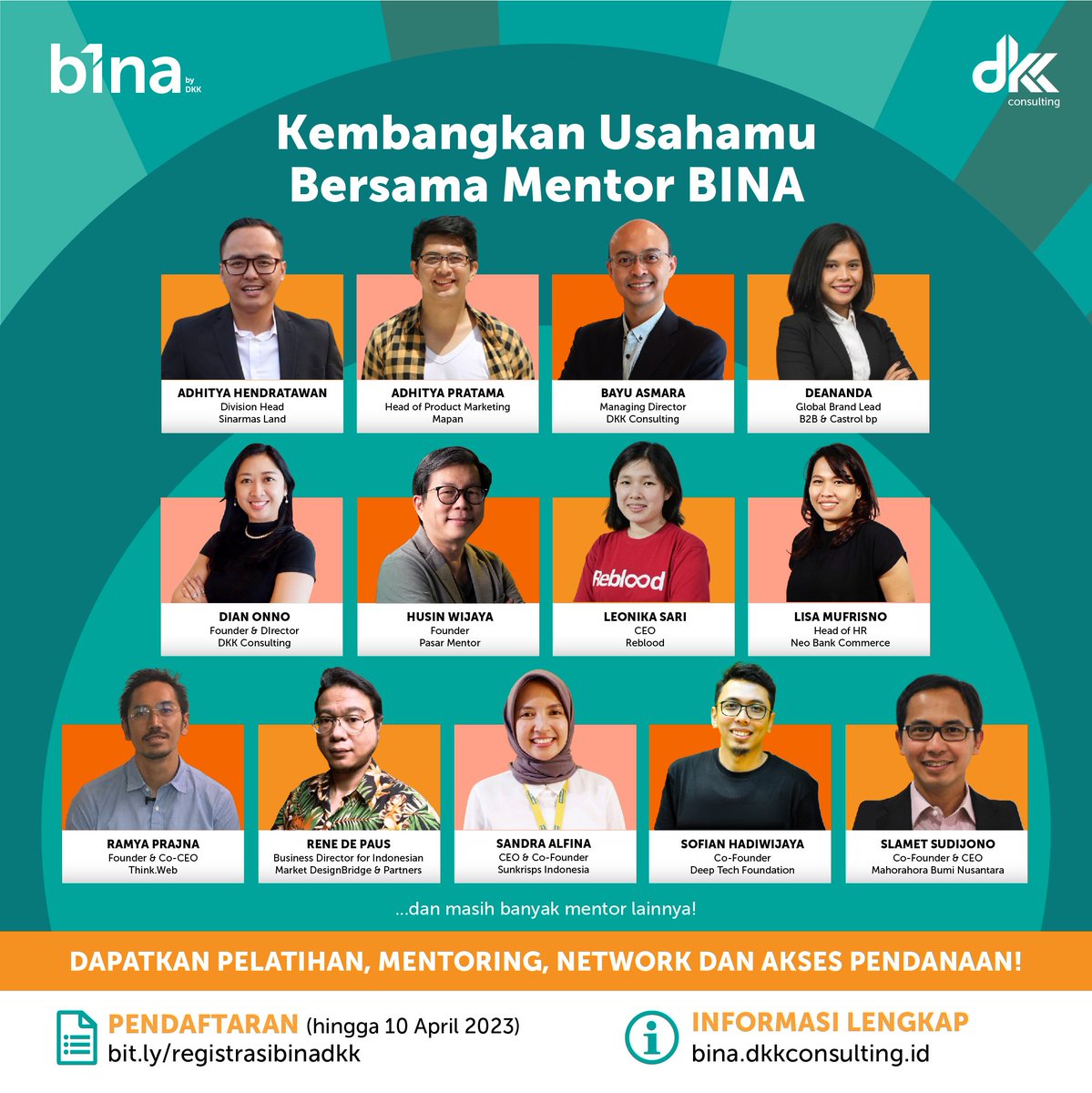 debernval's tweet photo. Untuk kamu para entrepreneurs, jangan sampai ketinggalan daftar BINA.
BINA adalah program untuk membantu para UKM dan early startup mengembangkan bisnis dan menciptakan dampak sosial.
Segera daftarkan usahamu di 
https://t.co/s069P6HvlF (Pendaftaran dibuka hingga 10 April 2023) https://t.co/OoE4MORZiQ