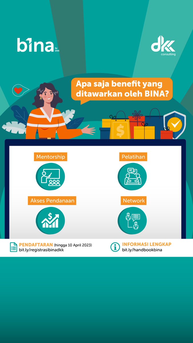 debernval's tweet photo. Untuk kamu para entrepreneurs, jangan sampai ketinggalan daftar BINA.
BINA adalah program untuk membantu para UKM dan early startup mengembangkan bisnis dan menciptakan dampak sosial.
Segera daftarkan usahamu di 
https://t.co/s069P6HvlF (Pendaftaran dibuka hingga 10 April 2023) https://t.co/OoE4MORZiQ