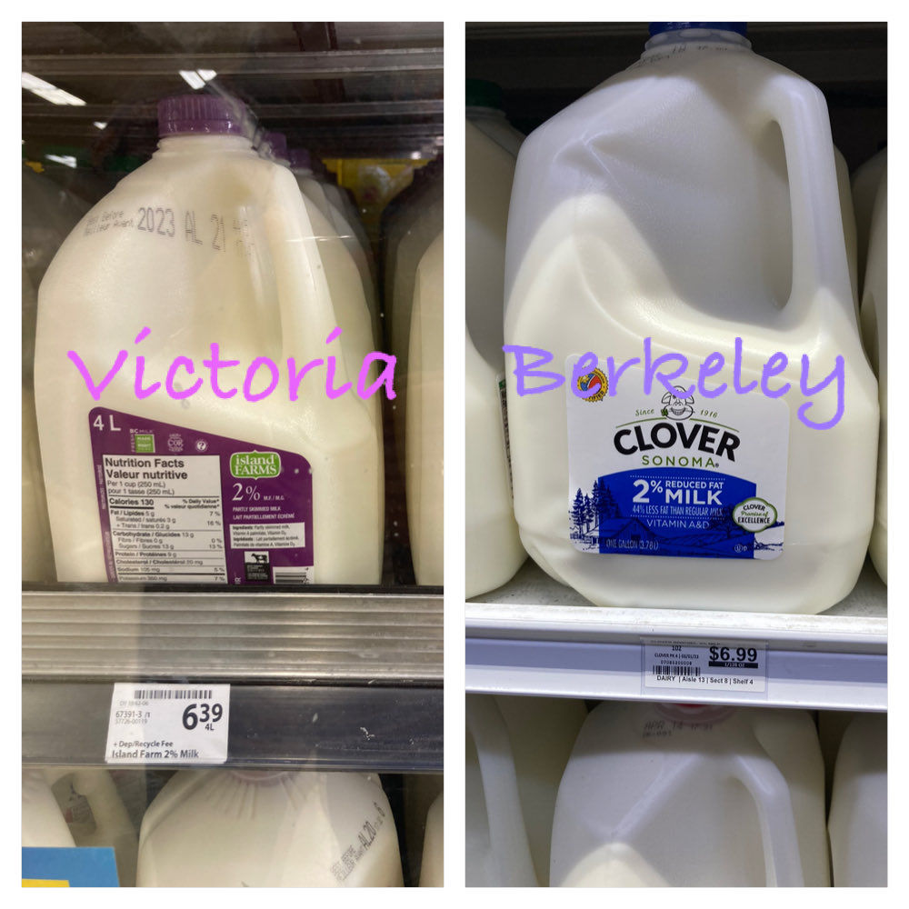 They say #supplymanagement doesn’t work. Milk this week. Victoria, Canada vs Berkeley, California. 4 litres vs 1gallon (3.8l). Can$ vs USD. I know which system I prefer….#dairy #milk #dairyaisle