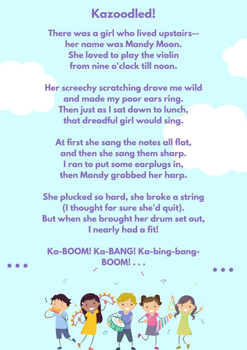 Here's a snippet from my story KAZOODLED! that won an honorable mention in #PBParty (with backmatter about orchestral instruments).🎶

If you'd like to see more, feel free to message me.

Thank you so much @MindyAlyseWeiss and judges!

#kidlit #rhyme #amquerying