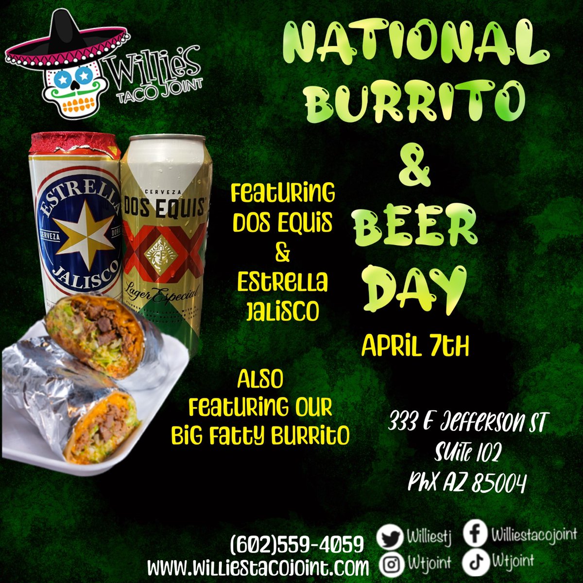 Its national burrito and beer day! What better place to celebrate with our large selection of beers and our mouthwatering burritos!  Try our famous big fatty burrito! Pairs great with a Dos Equis and Estrella Jalisco! #WishYouWereBEER