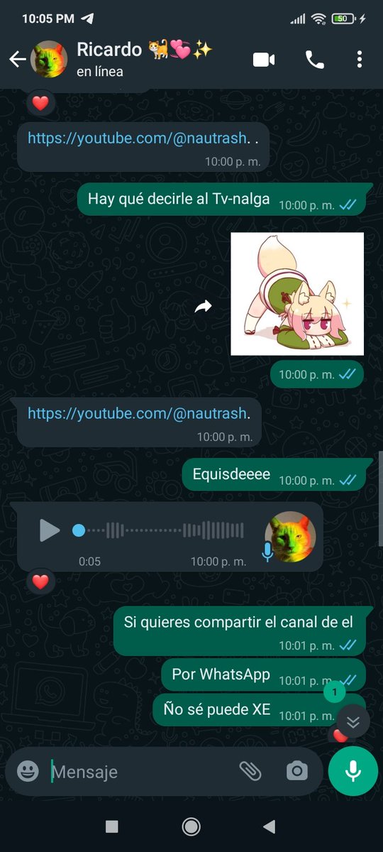N0XPL4Y555's tweet image. Wey @NautTv cuándo le iba a enseñar a mi pareja tú canal, resulta qué no puede entrar por qué WhatsApp no admite puntos en los links a YouTube, y bueno, ahí se ve disponible, si quieres, está curioso XD