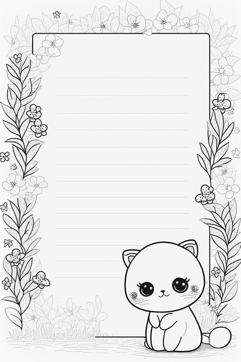 icreatelife's tweet photo. Coloring stationery for Kids. 

I saw you loved my coloring pages, so I made some coloring stationery for kids. 

If you want lines, version 4 works best, version 5 doesn't like to add lines (even when I increase the weight of the word "lines"). 

prompt: cute adorable small sausage dog isolated in the edge of the page, design on lined paper frame for writing, coloring page, white page border, floral frame, minimalism, black and white, children book style, cute big eyes, kawaii --ar 2:3