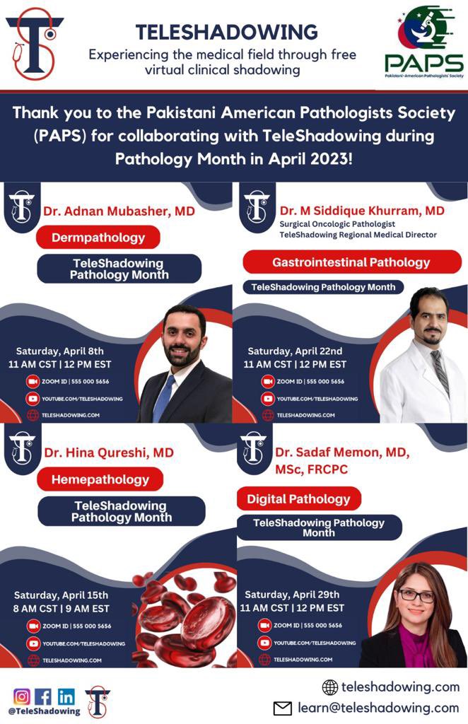 siddsheikh's tweet image. We are delighted to announce the launch of Virtual Pathology Elective! This is a collaborative effort of @PakAmPathSoc and teleshadowing.com to provide a series of Pathology sub specialties lectures that will cover basic topics! 2 credit hours certificate after each lecture