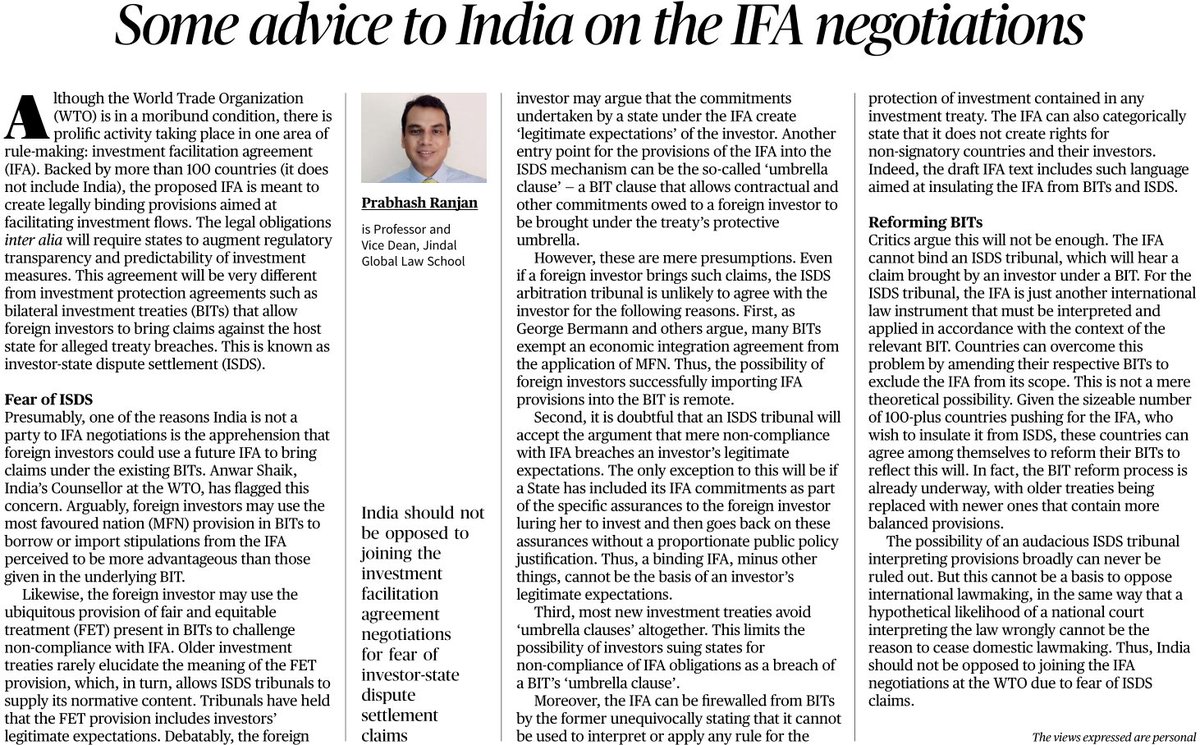 In my piece for the Hindu, I respond to the points made by India's Counsellor at the WTO, arguing that India should not join the Investment Facilitation Agreement due to fear of ISDS claims.  @shansebolo @harshadp91 @pushkararathore