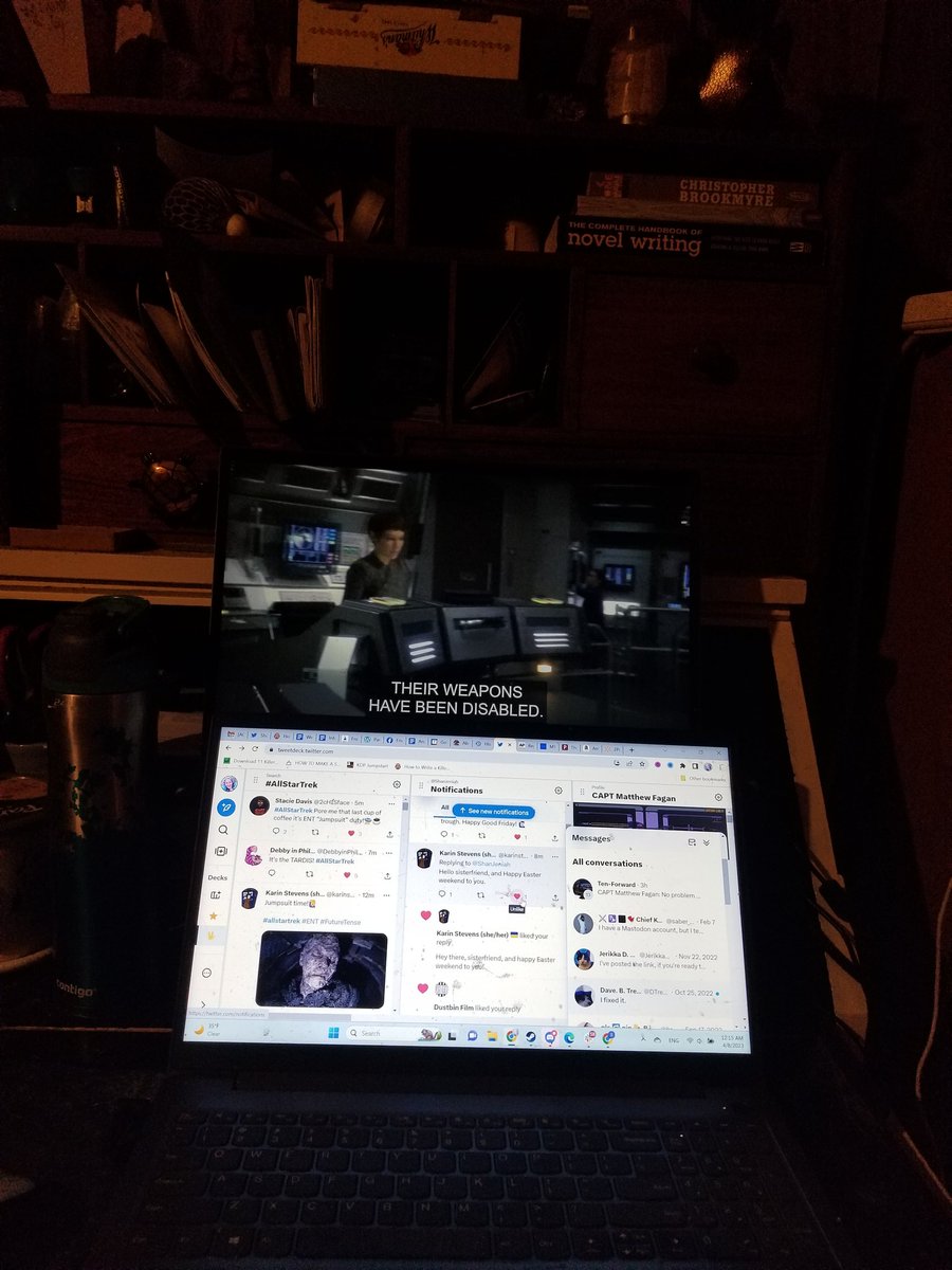 ShanJeniah's tweet photo. It's #StarTrekStuff Friday night. This is how I Trek at my desk in the living room. Two laptops are better than one! #AllStarTrek #ENT #FutureTense https://t.co/FjrstsdjuC