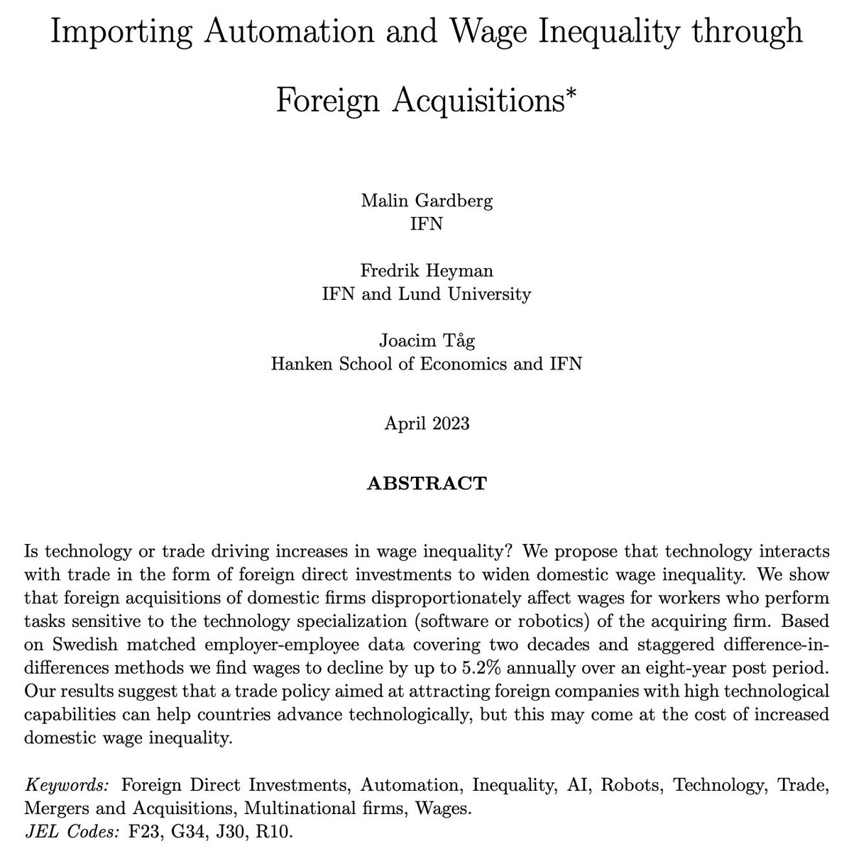 🚀New working paper on #WageInequality out! Our study explores how tech transfer via foreign acquisitions affects domestic wage inequality. We find that foreign acquisitions impact domestic wages based on the tech intensity of the acquiring firm. ssrn.com/abstract=44121… 👇 (1/3)