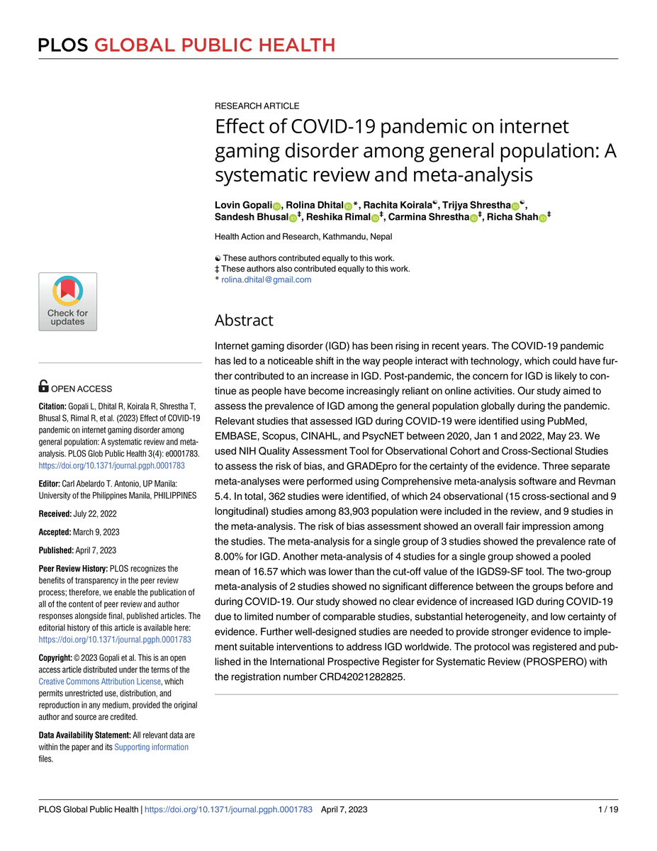 sandeshBhusal4's tweet photo. 🚨New #Publication Alert 🚨 @PLOSGPH 
Delighted to share our latest #SystematicReview and #metaanalysis on Internet Gaming Disorder (IGD), a recently recognized #mentalhealth disorder.
👉https://t.co/PDCDTERq8a
@paimadhu @CKyobutungi @JuliaE_Robinson https://t.co/wC8WjdKUBI
