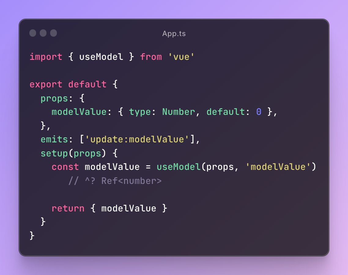 For users who don't use Vue SFC files, we also introduced useModel. They can have the same experience as defineModel after manually declaring props and emits!

Thanks to <a href="/VueUse/">VueUse</a>. It's almost the same thing as useVModel.