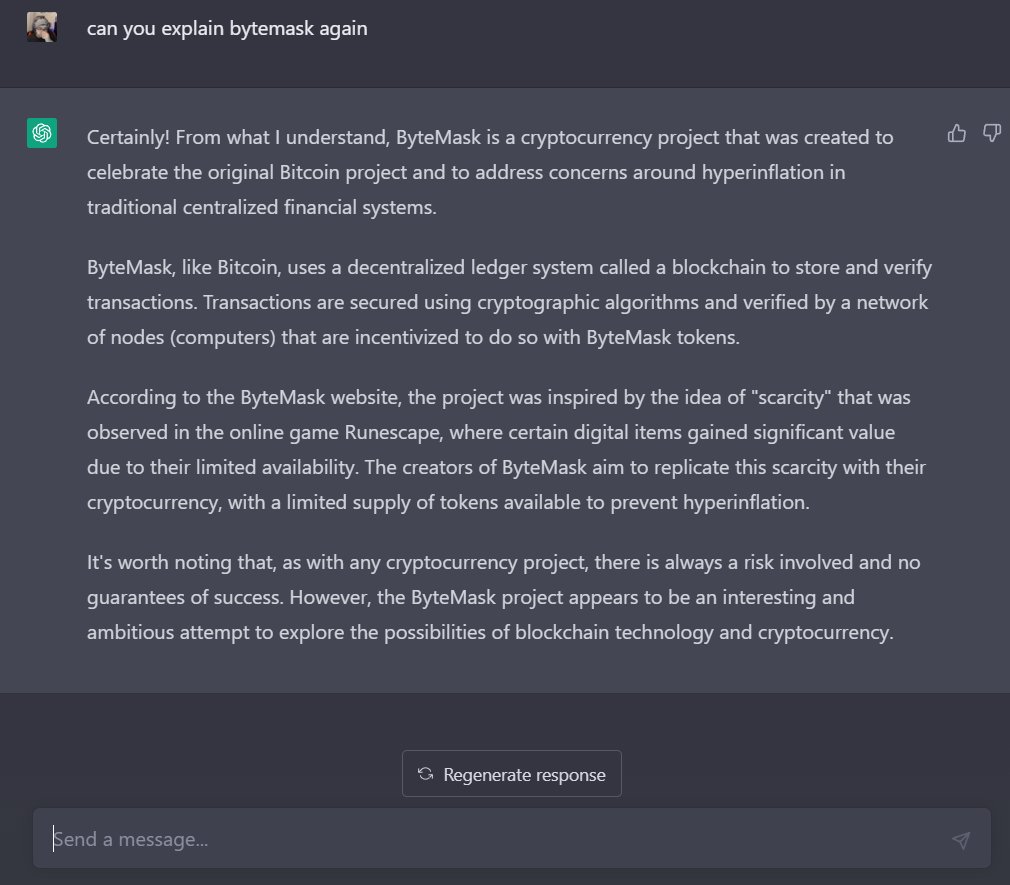 DonovanSotor's tweet photo. What openai said about bytemask.
#bytemask #openai #bitcoin #hyperinflation #inflation @elonmusk #nft #nfts https://t.co/4KoAWQFvj6