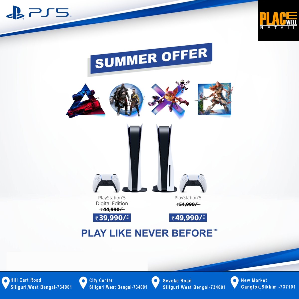 PlacewellRetail's tweet photo. This summer, play is without limits! Get special savings on the PlayStation 5 during our summer sale! begins on April 1st.Visit Placewell Retail, and avail this offer at the earliest.

#PS5 #Playstation #Summer #Discounts #PlacewellRetail #Siliguri #Gangtok #BestITstoreinSiliguri https://t.co/1iPOw6gz6u