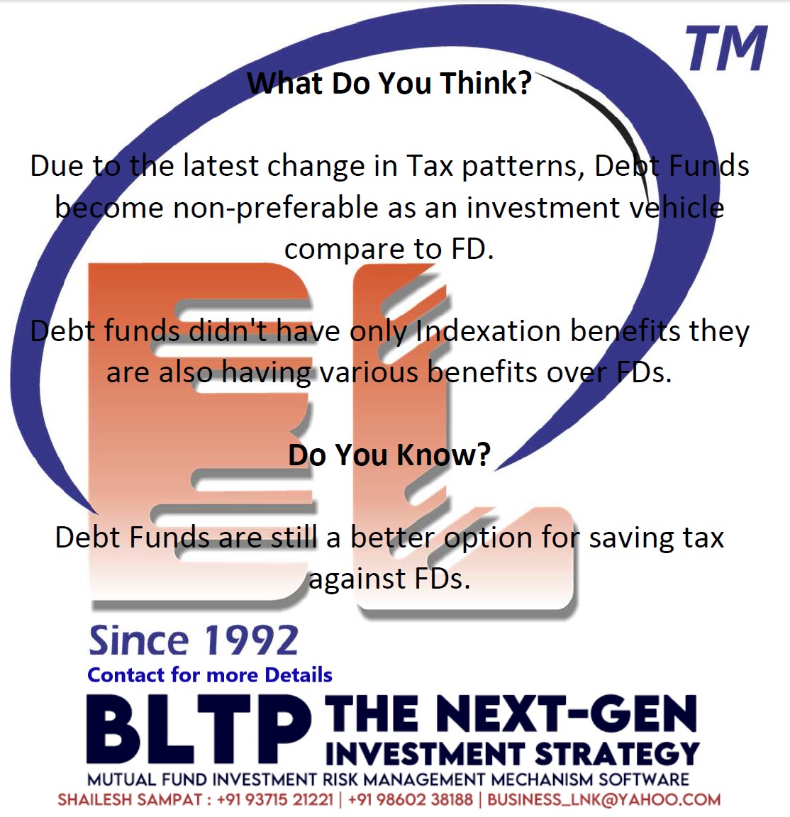 business_lnk's tweet photo. What do you think?
Due to the removal of Indexation on Debt Fund Capital Gain, Debt Funds become non-preferable as an investment vehicle compared to FD.
 
Do you know?
Debt Funds are still a better option for saving tax against FDs.
Download Comparison
https://t.co/N51aTe715Z https://t.co/GNx5qMWj6a