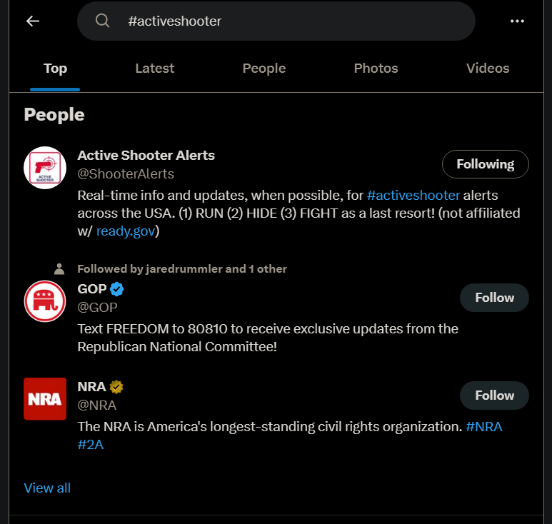 Joecascio2000's tweet photo. It's very telling that when you go to #activeshooter the first suggested results are GOP and NRA. https://t.co/E6kJQfE1ND