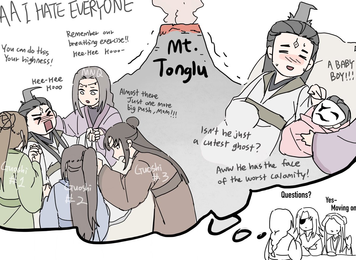 TGCF SPOILER)) 
Mt. Tonglu earthquake is just jw going in labor to give birth to ghosts, change my mind

And yes i did in fact draw this sober
#tgcf #junwu #baiwuxiang #meinianqing 