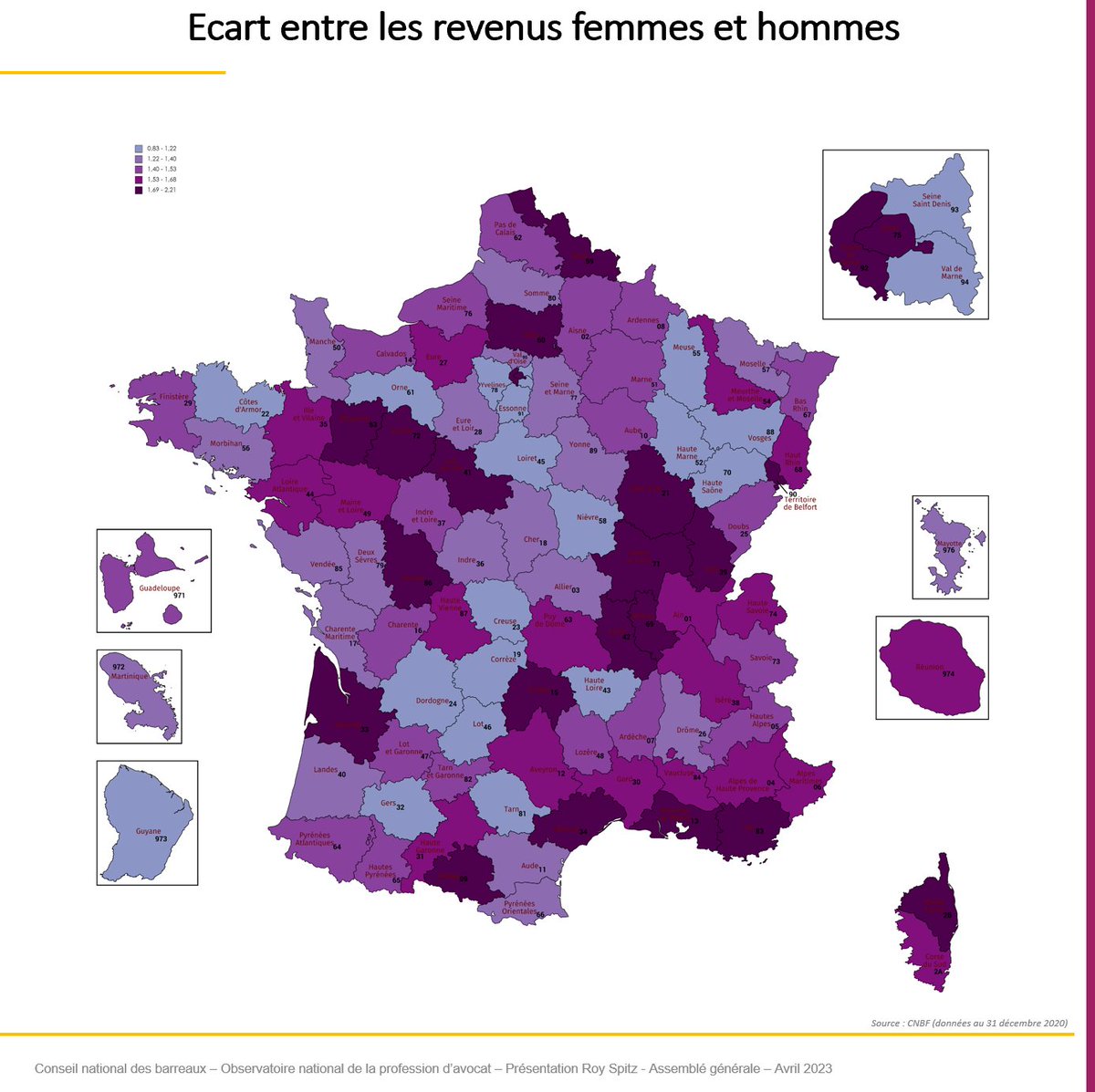 Cartes établies par le cnb indiquant les revenus moyens ainsi que l'écart des revenus entre hommes et femmes par Barreau. Le Barreau de la Meuse est plutôt très bien placé ! 😀