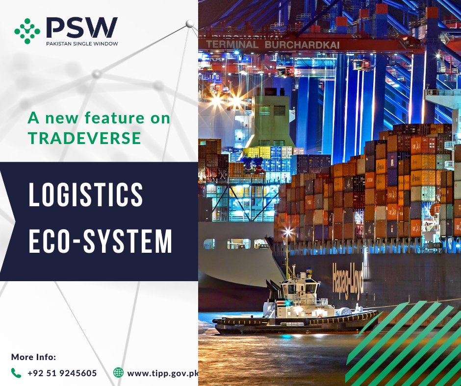 PakSingleWindow's tweet image. #Tradeverse has launched a new feature, ‘Pakistan&apos;s Logistics Eco-system,’ for traders, importers, exporters, or anyone around the globe to easily search for logistics service providers involved in #transporting, #storing, and delivering #goods and #services.
#LogisticsEcosystem