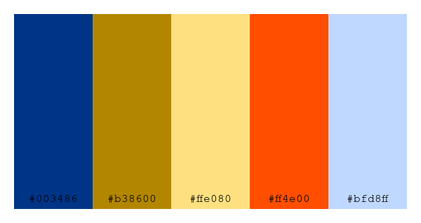 ColPaletteBot's tweet photo. Beep beep, here's a pretty color palette for you!
color-scheme.js parameters used:
- hue: 233
- variation: default
- colors: #003486, #b38600, #ffe080, #ff4e00, #bfd8ff
Have a lovely day!
#twitterbot #colorpalette #colors #palette #prettycolors https://t.co/FwCLTXedz9