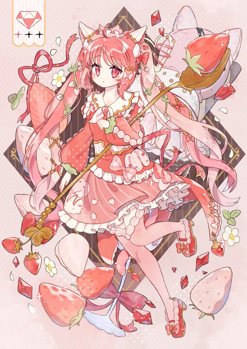 1girl strawberry solo food pink hair fruit animal ears  illustration images