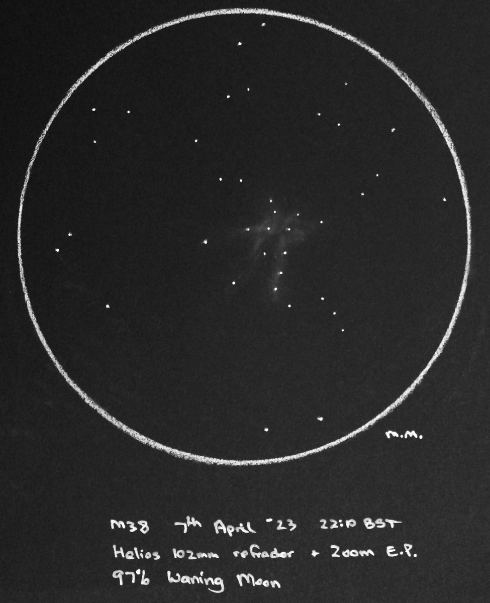 Spicey_Spiney's tweet photo. Last night I spent a wonderful couple hours with my trusty Helios 102mm refractor + #SkywatcherAZGTi. Here are sketches of #OpenClusters #M36, #M37 &amp; #M38 sketched between 22:00-22:30 BST 07/04/23. Pastel + paint pen on black paper #AstronomySketching #DeepSkySketch https://t.co/4KXjoj3X9h