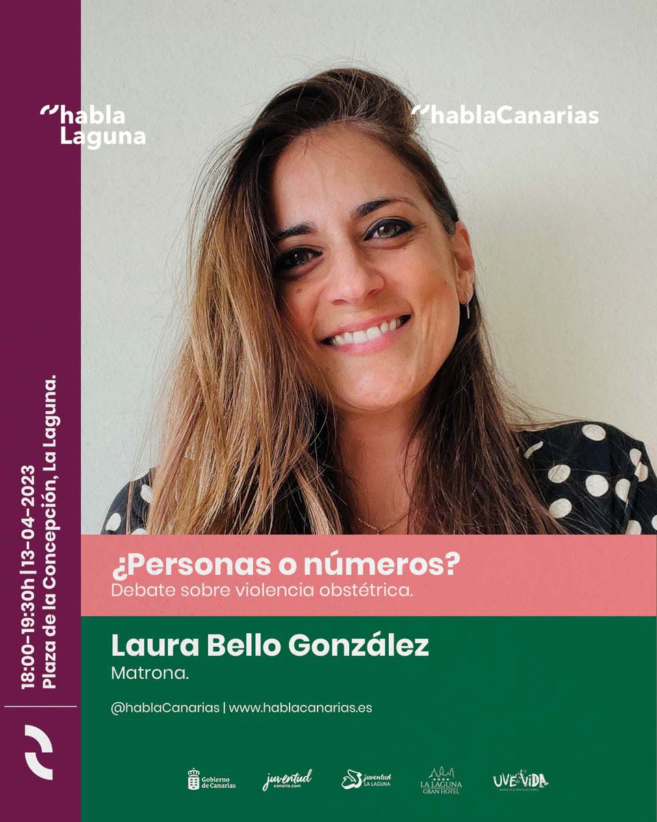 La matrona <a href="/LauraBelloGonz1/">Laura Bello González</a> nos acompañará en “¿Personas o números?” 🚺 debate sobre violencia obstétrica ⤵️

📅 13 de abril
📍Plaza de la Concepción (La Laguna)
🕢 18:00h
🎟 ¡Gratuito!
🪑 Reserva tu silla mandándonos un mensaje privado 🔝

<a href="/juventud_laguna/">Juventud La Laguna</a> <a href="/JuventudCanaria/">JuventudCanaria.com</a>