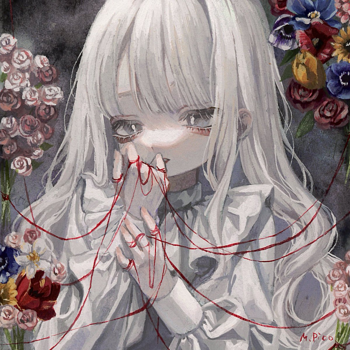 1girl flower solo white hair long hair string grey eyes  illustration images