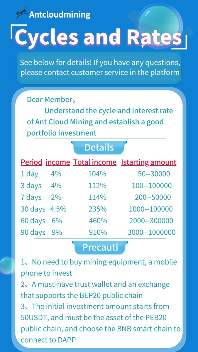 Antcloudmining's tweet photo. Ant cloud mining, the cycle and profit details are shown in the figure below.#BTC  #BEP20 #BNBsmartchain https://t.co/QTHPZZZnhw